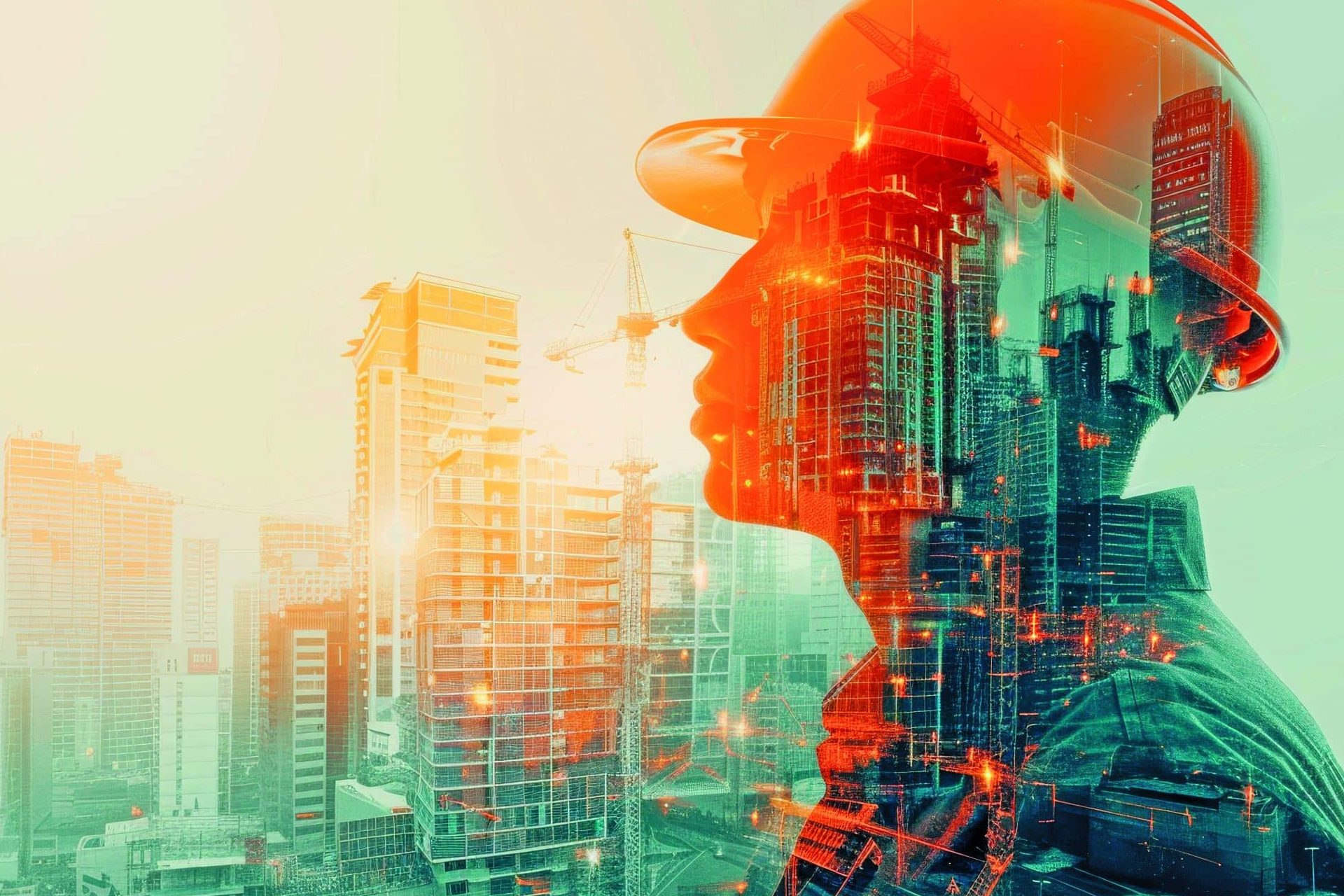 A double exposure image of an engineer against a city skyline, symbolizing innovation and construction.